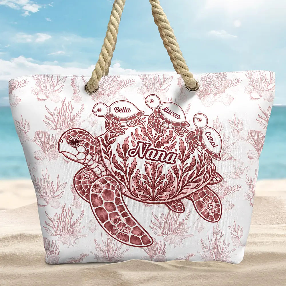 Gift For Grandma, Summer, Adorable, Icon - Turtle Grandma Mom And Kids - Personalized Beach Bag