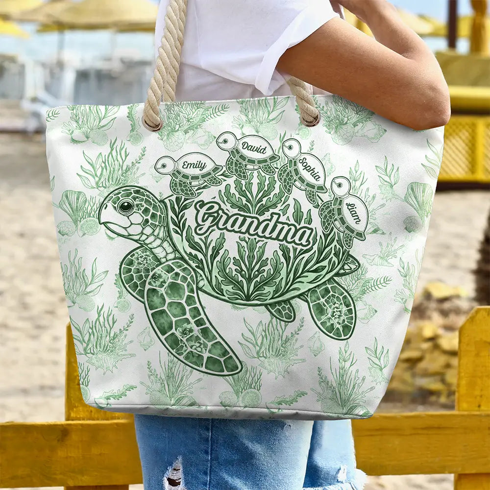 Gift For Grandma, Summer, Adorable, Icon - Turtle Grandma Mom And Kids - Personalized Beach Bag