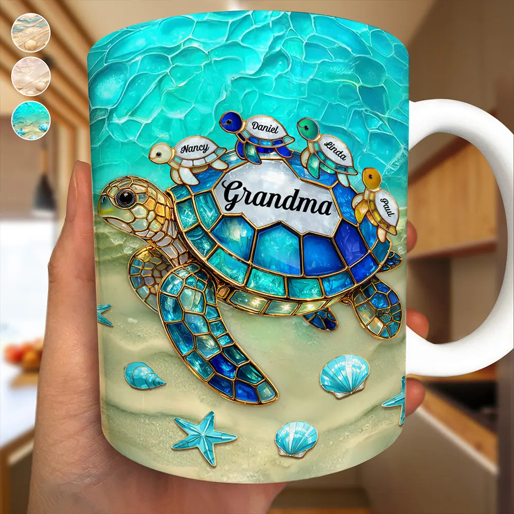 Gift For Grandma, Summer, Grateful, Icon - Turtle Mom Grandma Stained Glass Effect - Personalized White Edge-to-Edge Mug