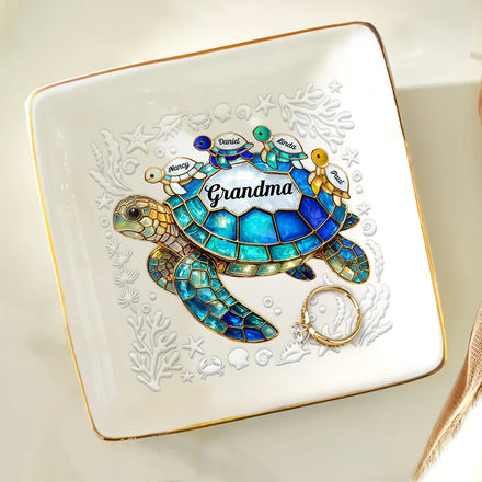 Turtle Stained Glass Mom Grandma - Personalized Ring Dish