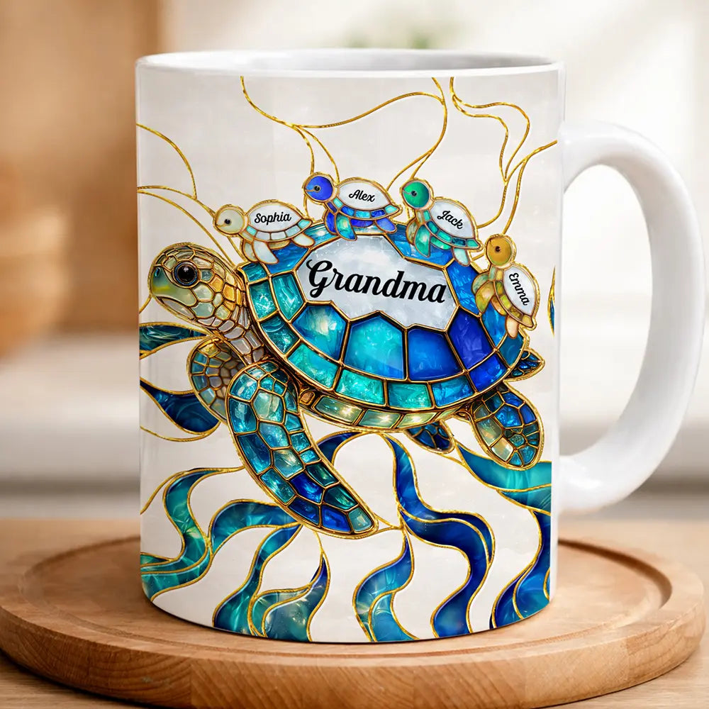 Turtle Stained Glass Mom Grandma - Personalized White Edge-to-Edge Mug