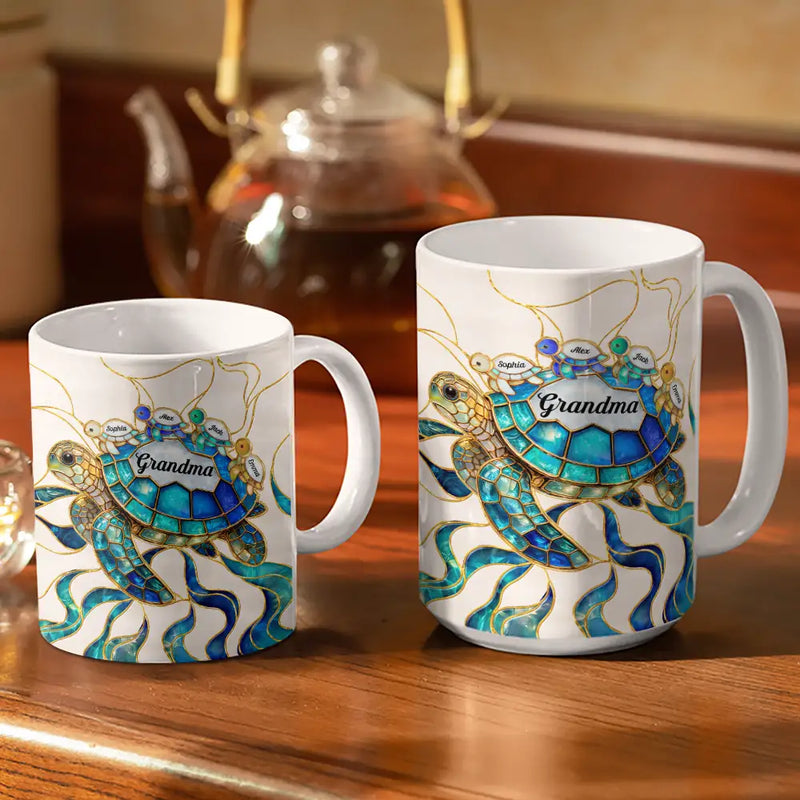 Turtle Stained Glass Mom Grandma - Personalized White Edge-to-Edge Mug