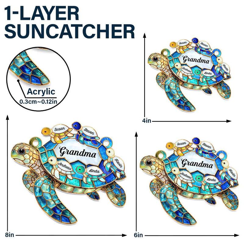 Grandma - Grandkids,Gift For Grandma,Gift For Mother,Happy,Top Market - Turtle Stained Glass Mom Grandma - Personalized Window Hanging Suncatcher Ornament