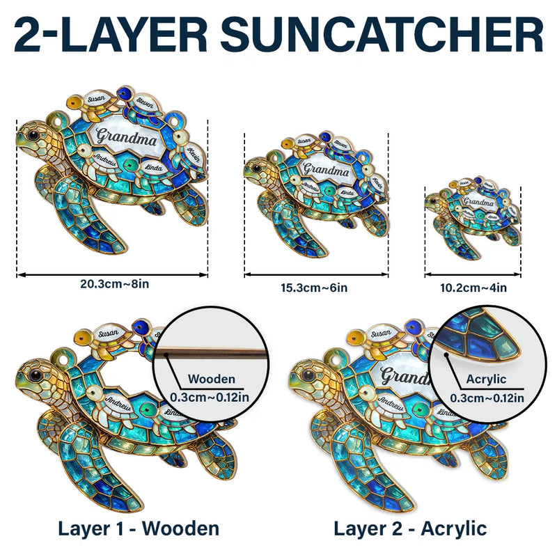 Grandma - Grandkids,Gift For Grandma,Gift For Mother,Happy,Top Market - Turtle Stained Glass Mom Grandma - Personalized Window Hanging Suncatcher Ornament