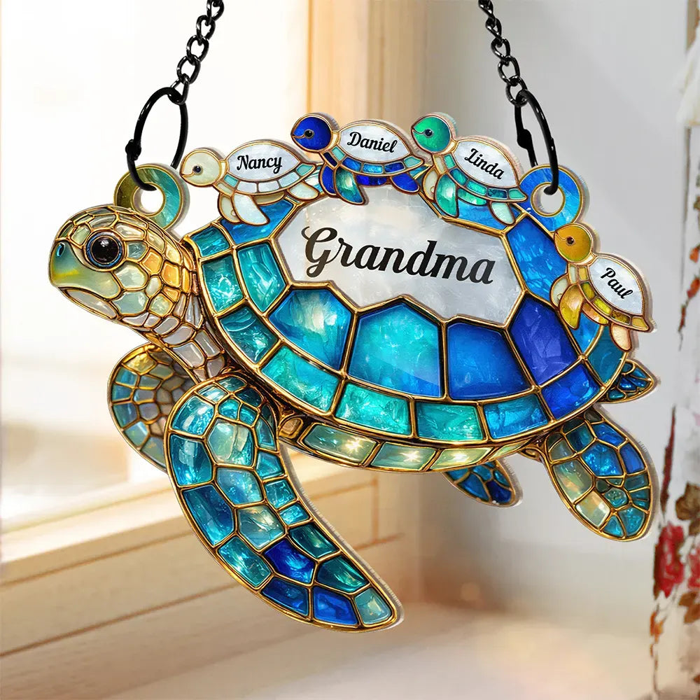 Turtle Stained Glass Mom Grandma - Personalized Window Hanging Suncatcher Ornament