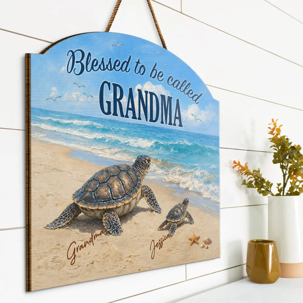 Beach,Gift For Grandma,Grandma - Grandkids,Happy,Icon - Turtles Blessed To Be Called Grandma - Personalized Custom Shaped Wood Sign