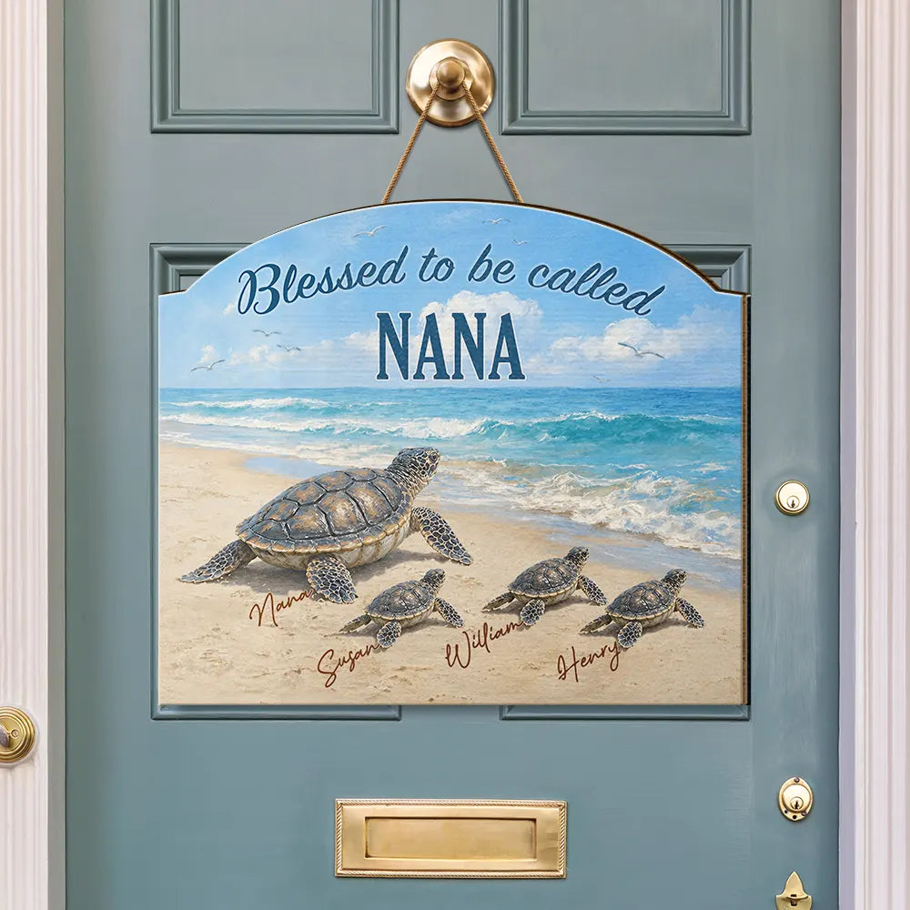 Beach,Gift For Grandma,Grandma - Grandkids,Happy,Icon - Turtles Blessed To Be Called Grandma - Personalized Custom Shaped Wood Sign