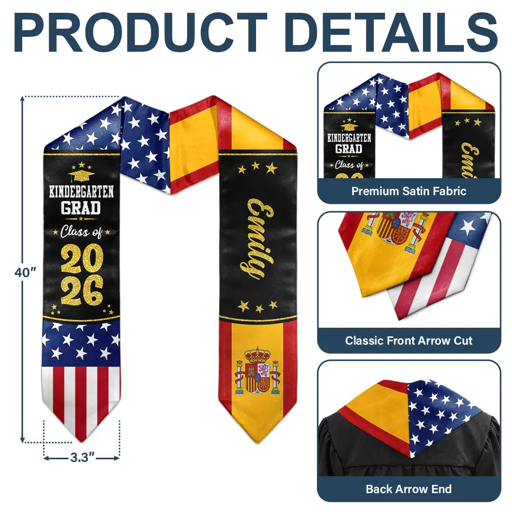 Graduation,Happy,Gift For Kids,Gift For Grandkids,Icon,Proud - Two Country Flags - Personalized Kid Graduation Stole