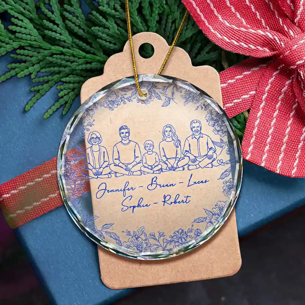 Art Design,Sentimental,Christmas,Family,Photo - Continuous Line Art  - Custom Photo Line Art Family Couple Pet Portrait - Personalized Circle Glass Ornament