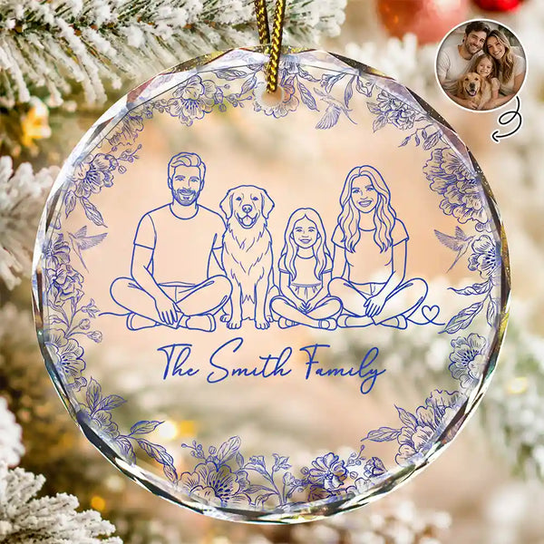 Art Design,Sentimental,Christmas,Family,Photo - Continuous Line Art  - Custom Photo Line Art Family Couple Pet Portrait - Personalized Circle Glass Ornament
