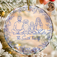 Art Design,Sentimental,Christmas,Family,Photo - Continuous Line Art  - Custom Photo Line Art Family Couple Pet Portrait - Personalized Circle Glass Ornament