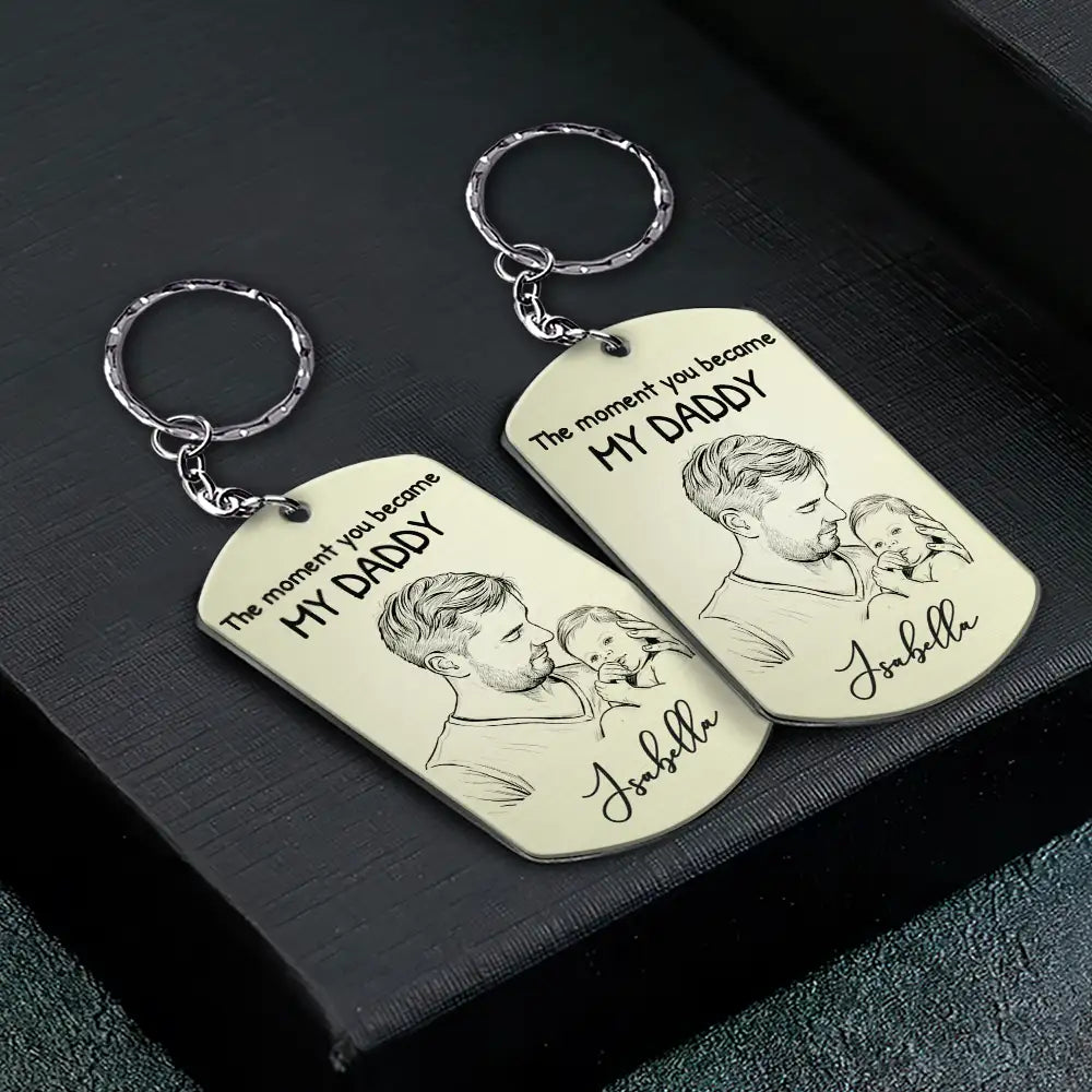 Gift For Son,Mom - Sons,Dad - Sons,Happy - Custom Photo Pencil Sketch The Moment You Became My Dad - Personalized Aluminum Keychain