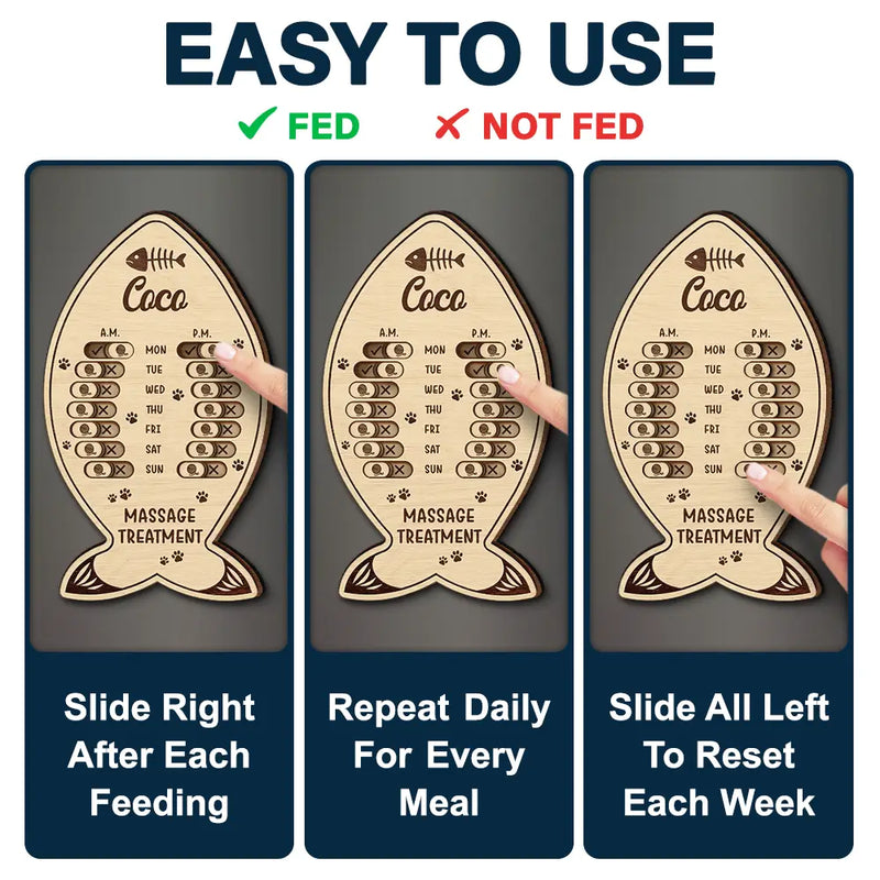 Cat Lovers,Cat Mom,Cat Couple,Cat Dad - Fish Bone Shaped Feeding And Medication Tracker - Personalized Wooden Pet Feeding Reminder