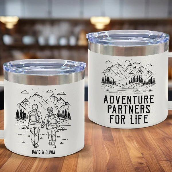 Gift For Couples,Old Couples,Gift For Husband,Gift For Wife,Gift For Boyfriend,Gift For Girlfriend,Happy - Adventure Partners For Life - Personalized 14oz Stainless Steel Tumbler With Handle