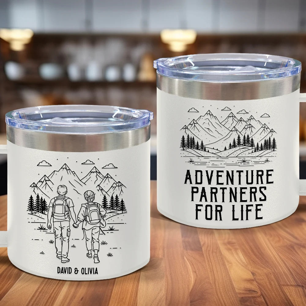 Adventure Partners For Life - Personalized 14oz Stainless Steel Tumbler With Handle