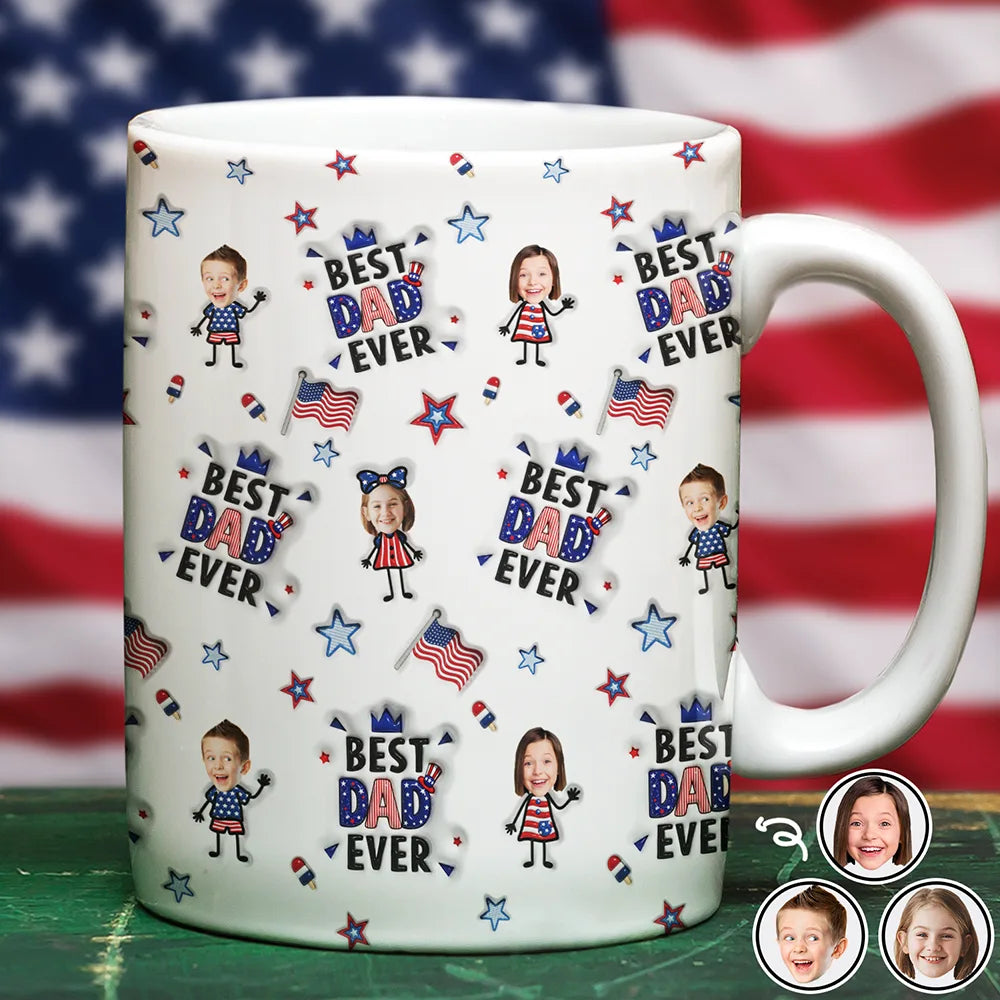 Custom Photo US Stick Figures Face Cut Best Dad Mom Mama Papa Ever - Personalized White Edge-to-Edge Mug
