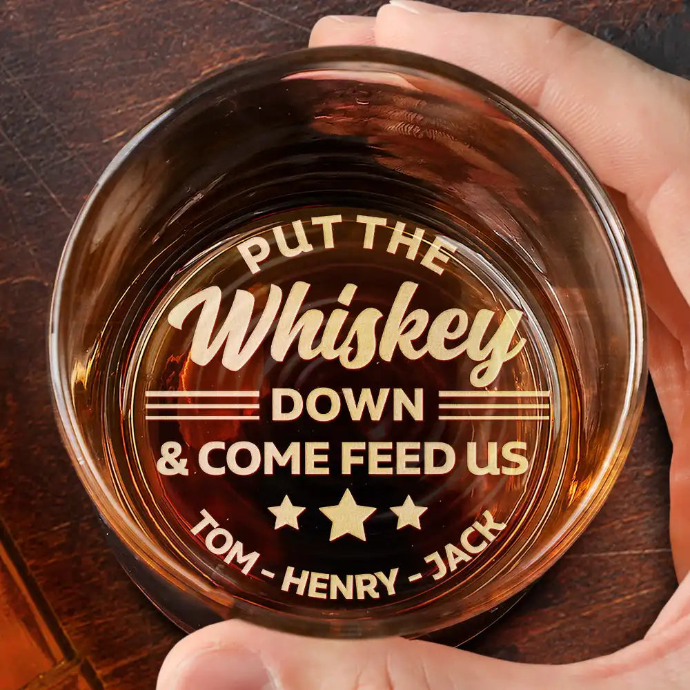Pet Dad,Dog Dad,Cat Dad - Custom Photo Put The Drink Down And Come Feed Us Funny Pet Dad - Personalized Engraved Whiskey Glass