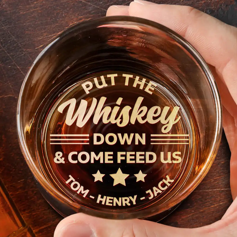 Pet Dad,Dog Dad,Cat Dad - Custom Photo Put The Drink Down And Come Feed Us Funny Pet Dad - Personalized Engraved Whiskey Glass