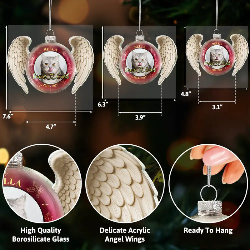 Memorial,Pet Lovers,Custom Photo,Sad,Christmas - Custom Photo Angel Wings Paw Pet Memorial Forever Loved - Personalized Custom Shaped Glass Ornament