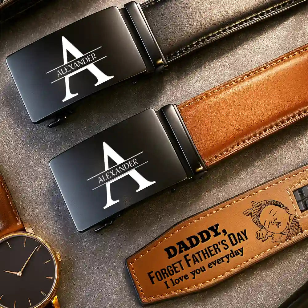 Gift For Father,Gift For Grandpa,Happy,Custom Photo - Custom Photo Outline Sketch Forget Father's Day We Love You Everyday - Personalized Leather Belt With Engraved Buckle
