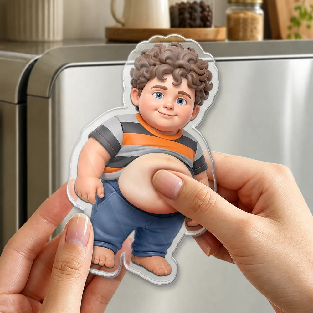 Custom Photo,Art Design,Family,Humorous,Photo - Belly Pose Cartoon Figure - Custom Photo Cartoon Funny Belly Character Family Members - Personalized Squishy Acrylic Fridge Magnet