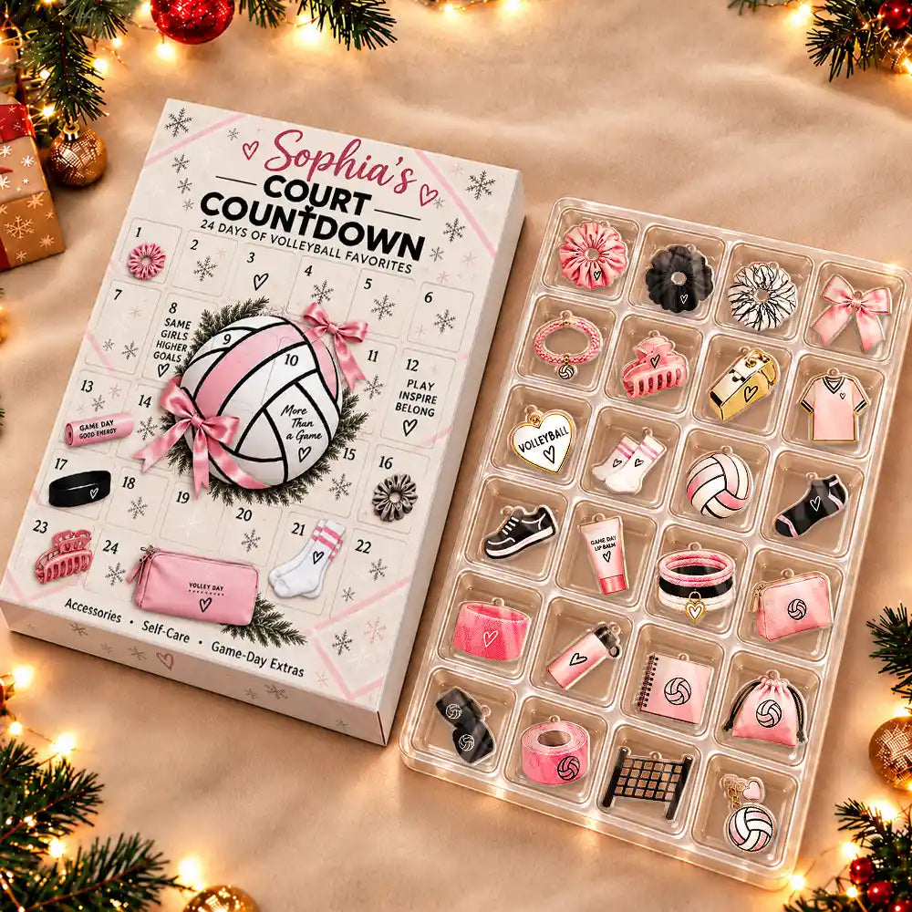Adorable,Christmas,Custom Text,Gift For Kids - Custom Name Christmas 24 Days Of Volleyball Favorites - Personalized Court Countdown Advent Calendar