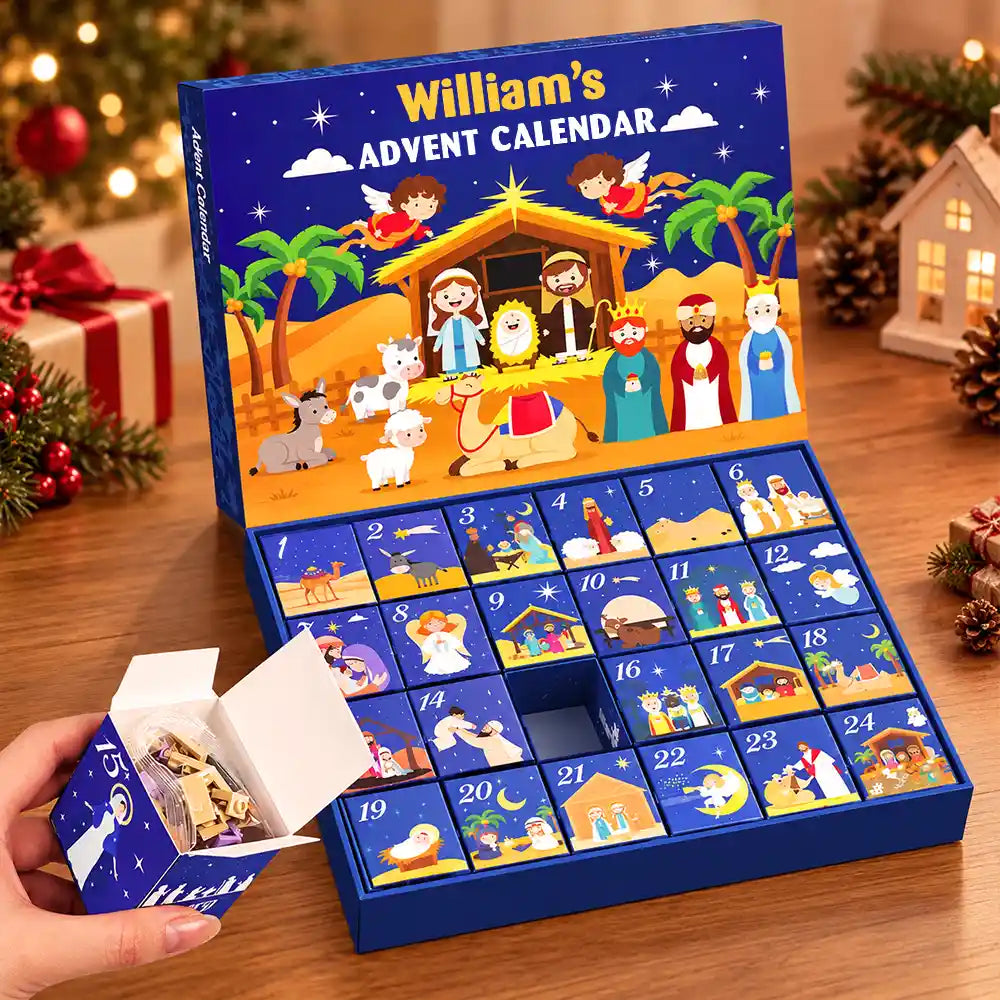 Christian, Christianity, Christmas, Custom Text, Devoted, Gift For Kids - Custom Name Nativity Building Brick Blocks - Personalized Christmas Countdown Advent Calendar