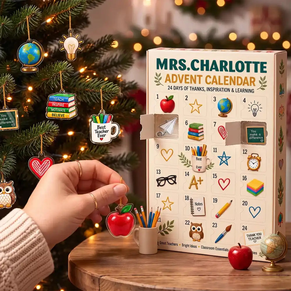 Adorable,Christmas,Custom Text,Teacher - Custom Name Teacher Charm - Personalized Christmas Countdown Advent Calendar