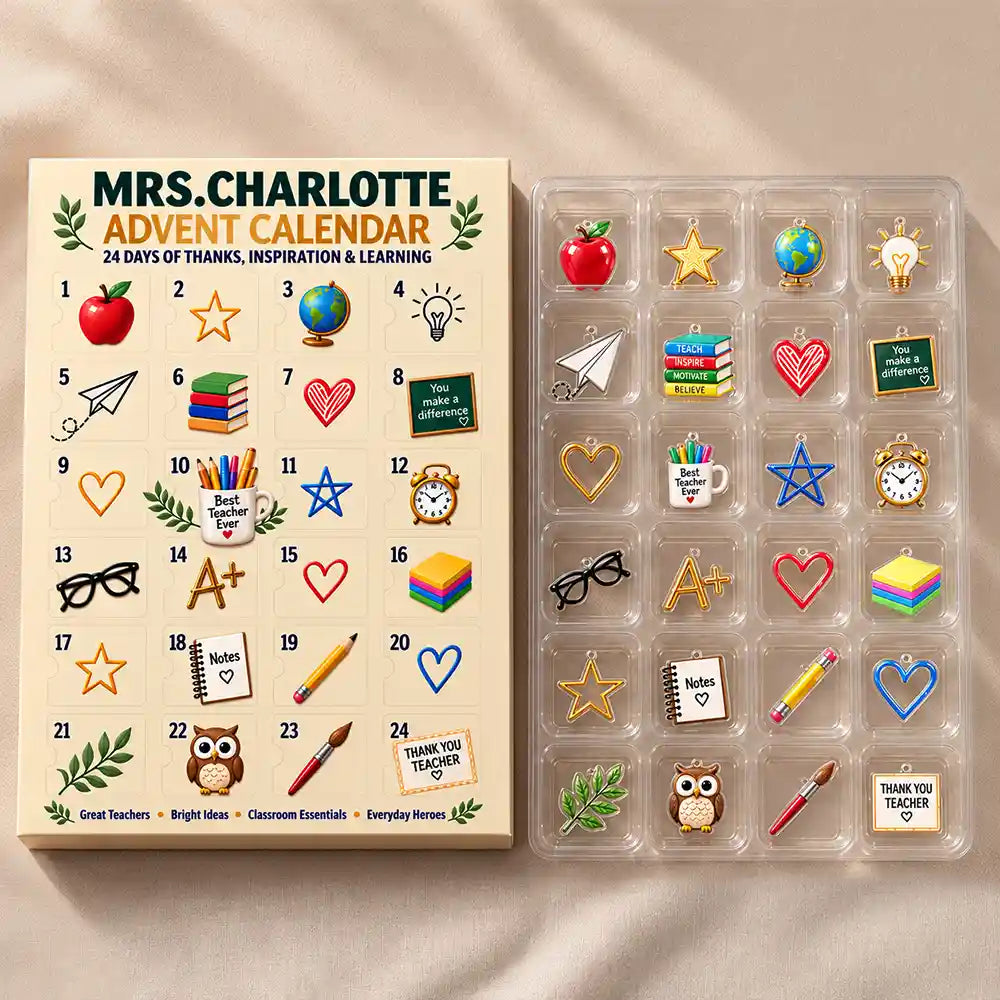 Adorable,Christmas,Custom Text,Teacher - Custom Name Teacher Charm - Personalized Christmas Countdown Advent Calendar
