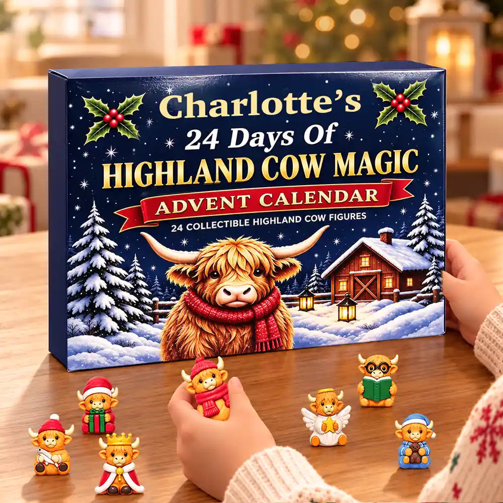 Adorable,Christmas,Custom Text,Gift For Kids - Custom Name Highland Cow Building Brick Blocks - Personalized Christmas Countdown Advent Calendar
