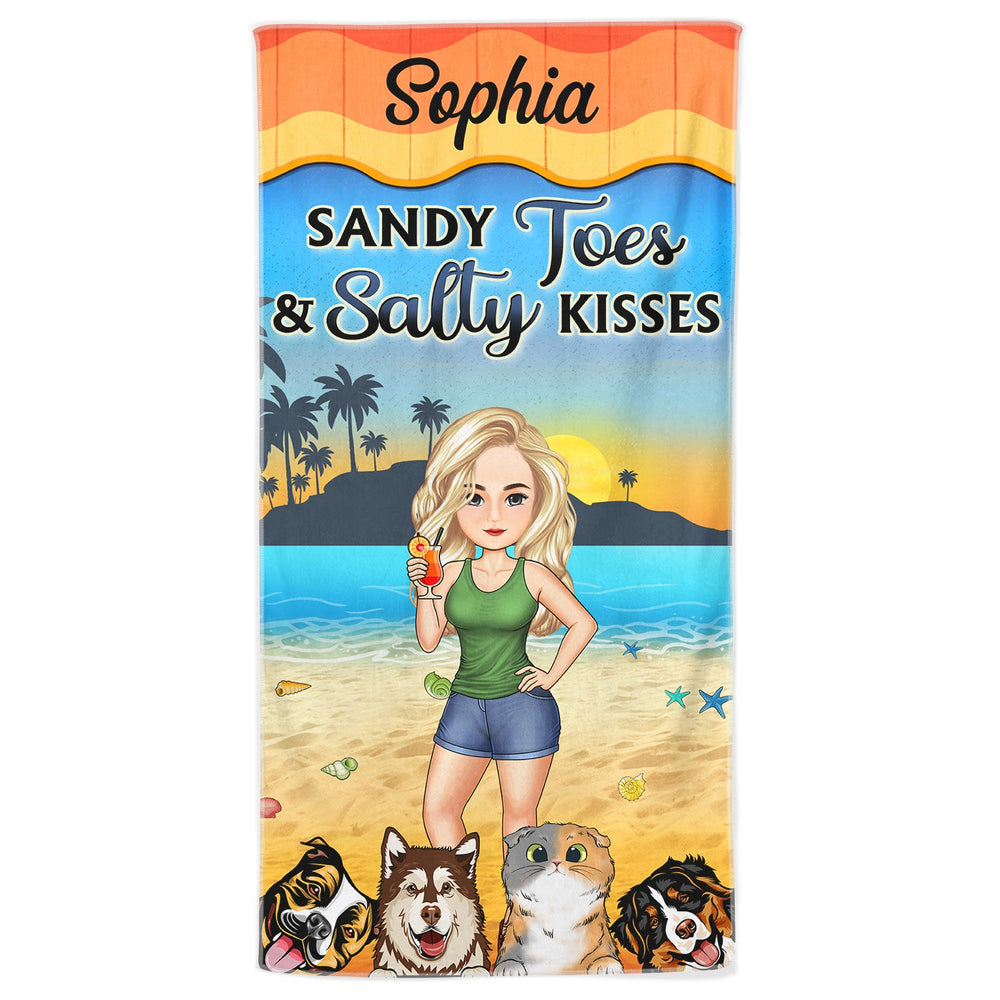 Sandy Toes And Salty Kisses Cartoon Beach Swimming Picnic Vacation Traveling - Birthday, Funny Gift For Her, Him, Dog Lovers, Cat Lovers - Personalized Custom Beach Towel