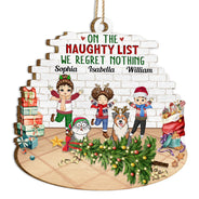 Happy Kids Pets On The Naughty List We Regret Nothing - Christmas Gift For Family, Grandparents - Personalized Custom Shaped Wooden Ornament