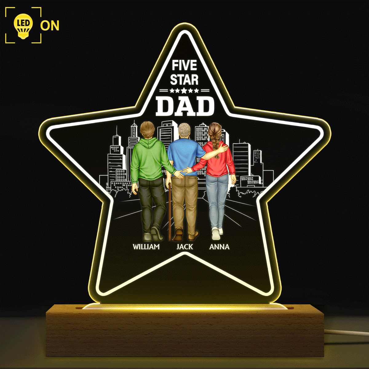 Five - Star Dad - Gift For Fathers - Personalized 3D Led Light Wooden Base