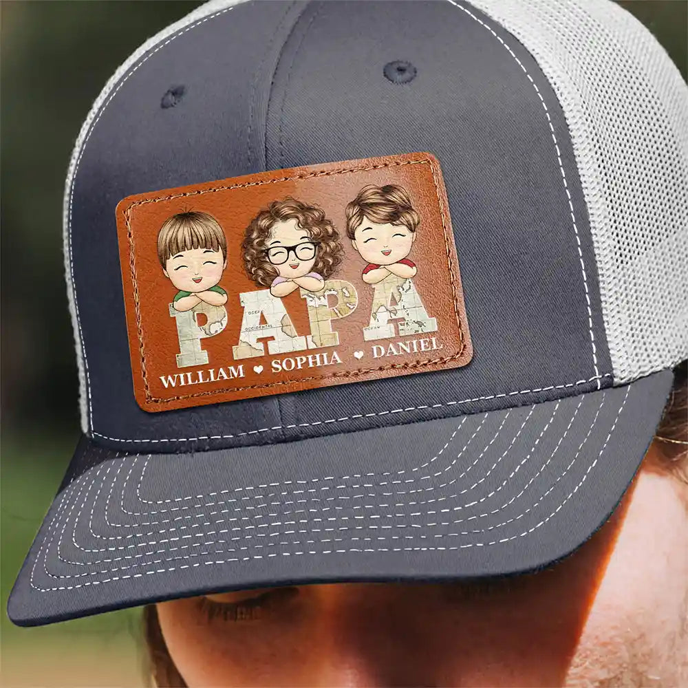 Vintage Map Titles Chibi Kids - Personalized Leather Patch Hat