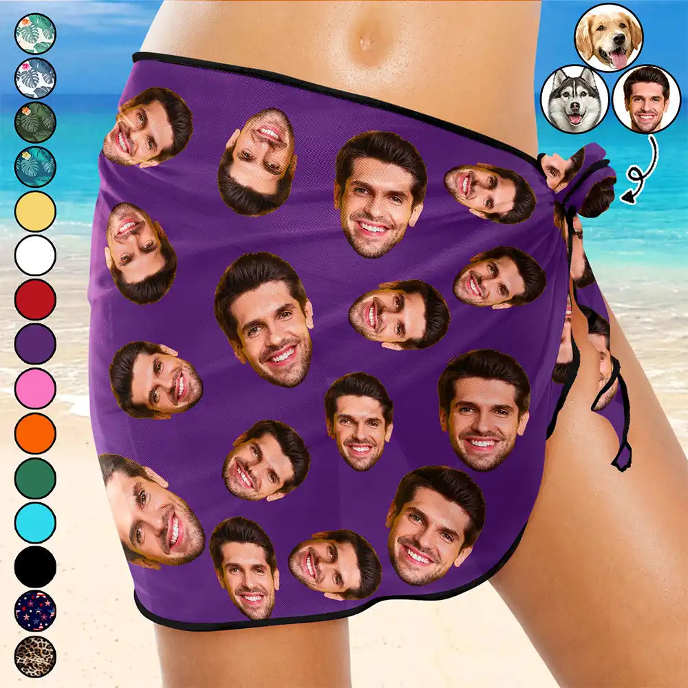 Custom Photo Funny Face Beach Lake - Personalized Short Sarong Swimwear Cover Ups