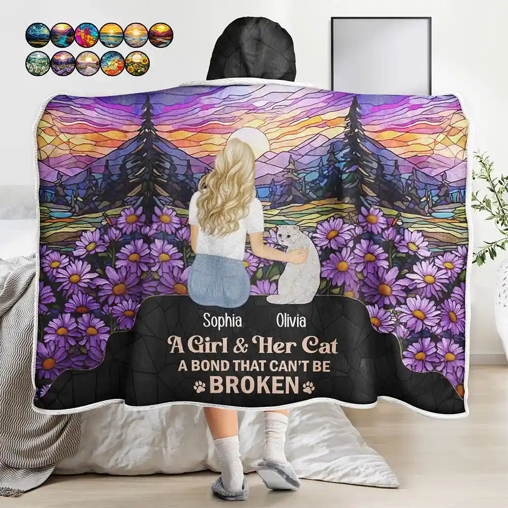 Flower Field A Girl And Her Dog Cat - Personalized Wearable Hooded Blanket