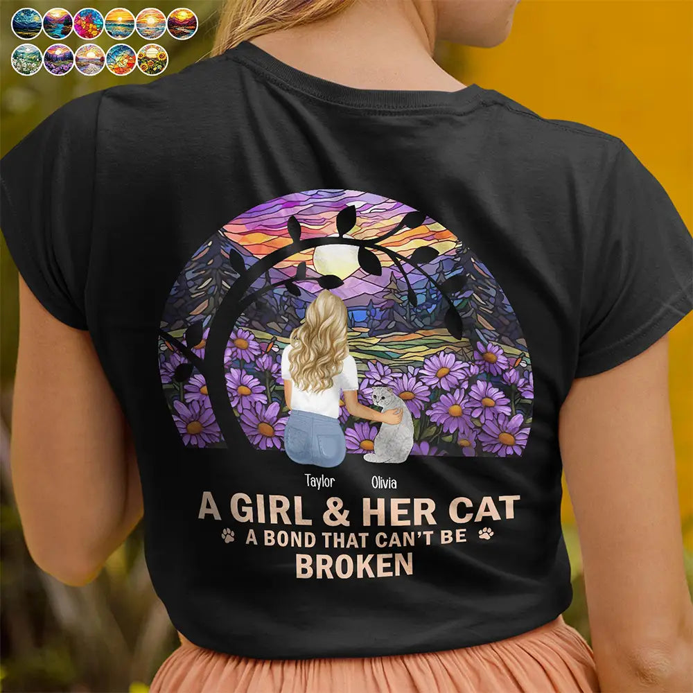 Dog Lovers, Cat Lovers, Pet Lovers, Dog Mom - Flower Field A Girl And Her Dog And Cat - Personalized T Shirt