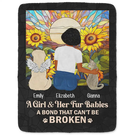 Flower Field A Girl And Her Dog And Cat - Personalized Fleece Blanket, Sherpa Blanket