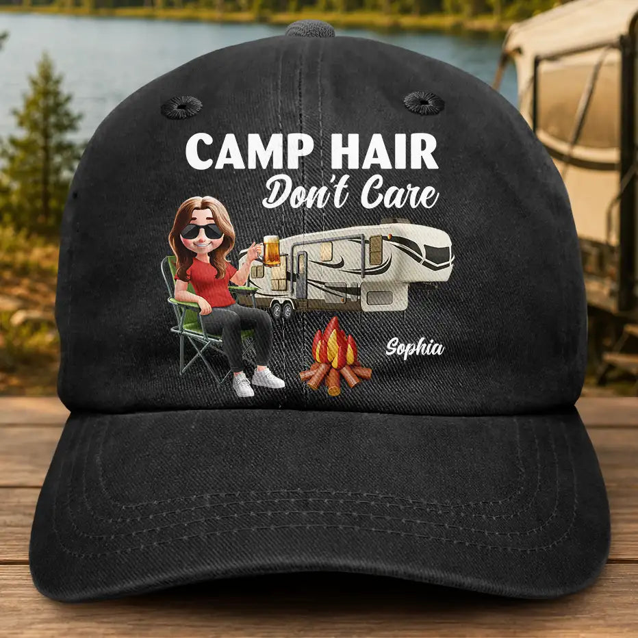Camping,Campsite,Gift For Yourself,Gift For Women,Gift For Wife,Gift For Mother,Gift For Girlfriend,Happy,Gift For Men - Camp Hair Don't Care Camping - Personalized Vintage Washed Denim Cap