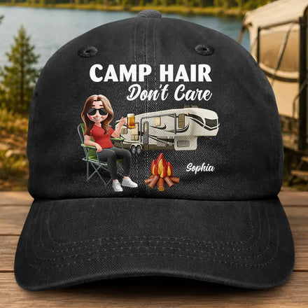 Camp Hair Don't Care Camping - Personalized Vintage Washed Denim Cap