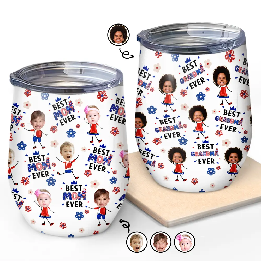 Gift For Mother,Gift For Grandma,Happy,Summer,Gift For Father,Gift For Grandpa,Independence Day,Non-Eng,Photo,Icon,Humorous - Custom Photo Stars & Stripes Best Dad Mom Grandpa Grandma Ever - Personalized Wine Tumbler