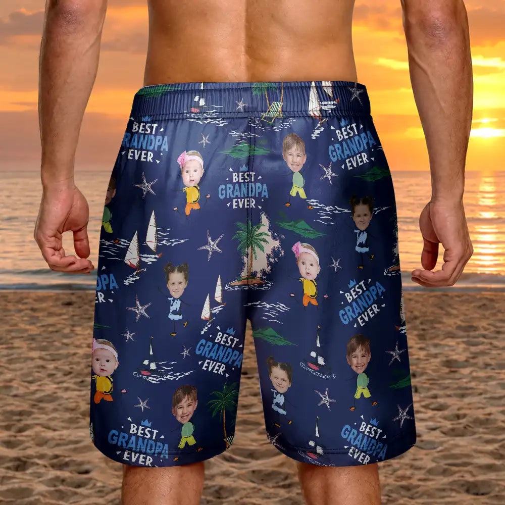 Gift For Father,Gift For Grandpa,Non-Eng,Photo,Confident - Custom Photo Best Dad Ever Palm Tree And Sailing - Personalized Unisex Beach Shorts