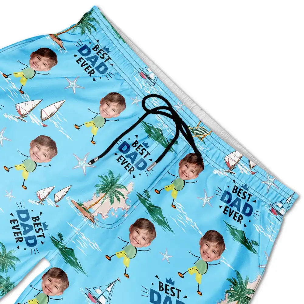 Gift For Father,Gift For Grandpa,Non-Eng,Photo,Confident - Custom Photo Best Dad Ever Palm Tree And Sailing - Personalized Unisex Beach Shorts
