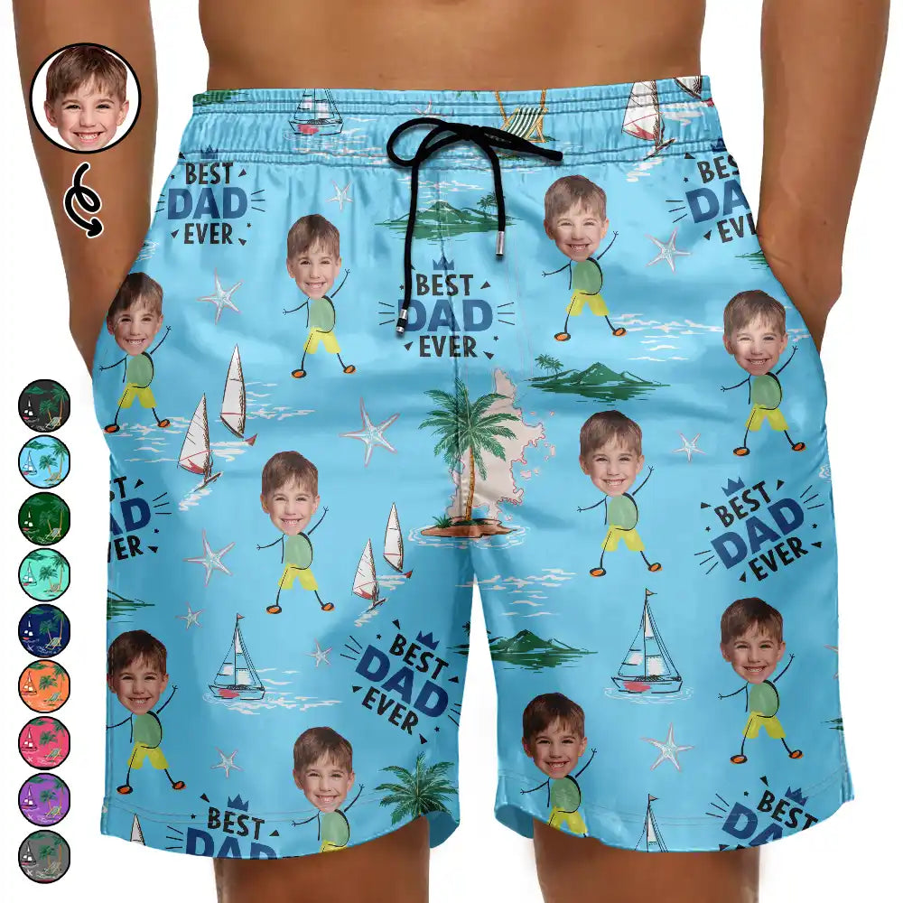 Gift For Father,Gift For Grandpa,Non-Eng,Photo,Confident - Custom Photo Best Dad Ever Palm Tree And Sailing - Personalized Unisex Beach Shorts