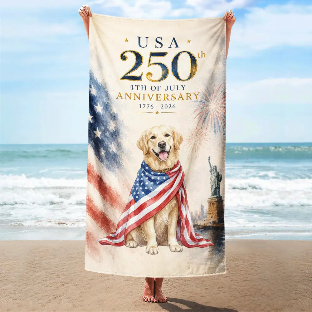 America 250th,Custom Photo,Independence Day,Art Design,Summer,Pet Lovers,Playful,Photo - US Theme Accessories Watercolor - Custom Photo Watercolor With US Accessories 250th Anniversary Fourth Of July - Personalized Beach Towel