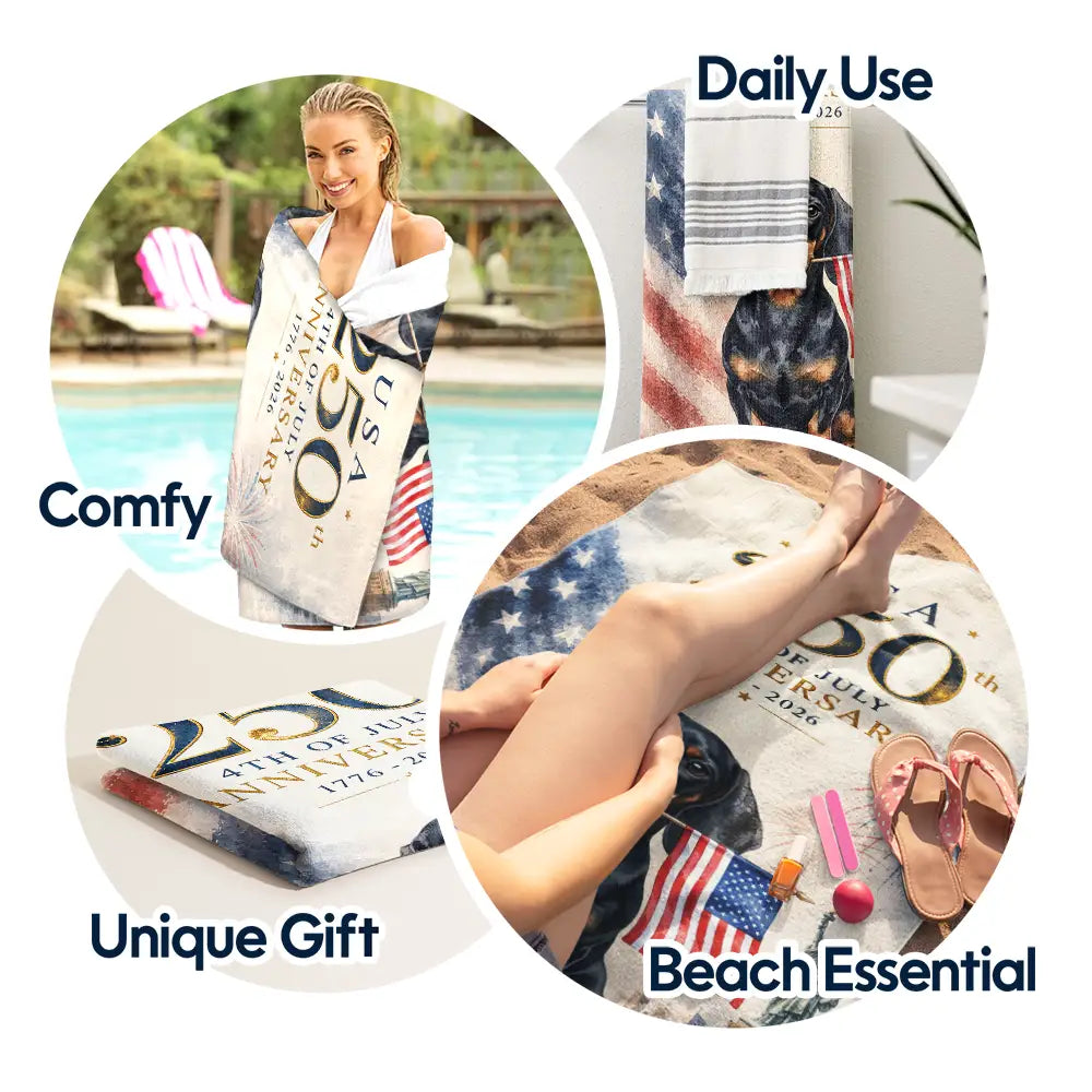 America 250th,Custom Photo,Independence Day,Art Design,Summer,Pet Lovers,Playful,Photo - US Theme Accessories Watercolor - Custom Photo Watercolor With US Accessories 250th Anniversary Fourth Of July - Personalized Beach Towel