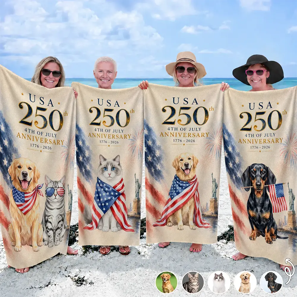 America 250th,Custom Photo,Independence Day,Art Design,Summer,Pet Lovers,Playful,Photo - US Theme Accessories Watercolor - Custom Photo Watercolor With US Accessories 250th Anniversary Fourth Of July - Personalized Beach Towel