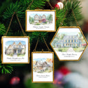 Art Design,Christmas,Family,Photo - Watercolor - With BG,Happy - Custom Photo Watercolor Painting First Christmas In Our New Home - Personalized Metal Frame Ornament