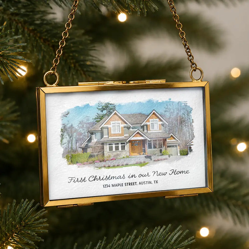 Art Design,Christmas,Family,Photo - Watercolor - With BG,Happy - Custom Photo Watercolor Painting First Christmas In Our New Home - Personalized Metal Frame Ornament