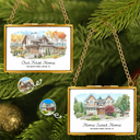 Art Design,Christmas,Family,Photo - Watercolor - With BG,Happy - Custom Photo Watercolor Painting First Christmas In Our New Home - Personalized Metal Frame Ornament